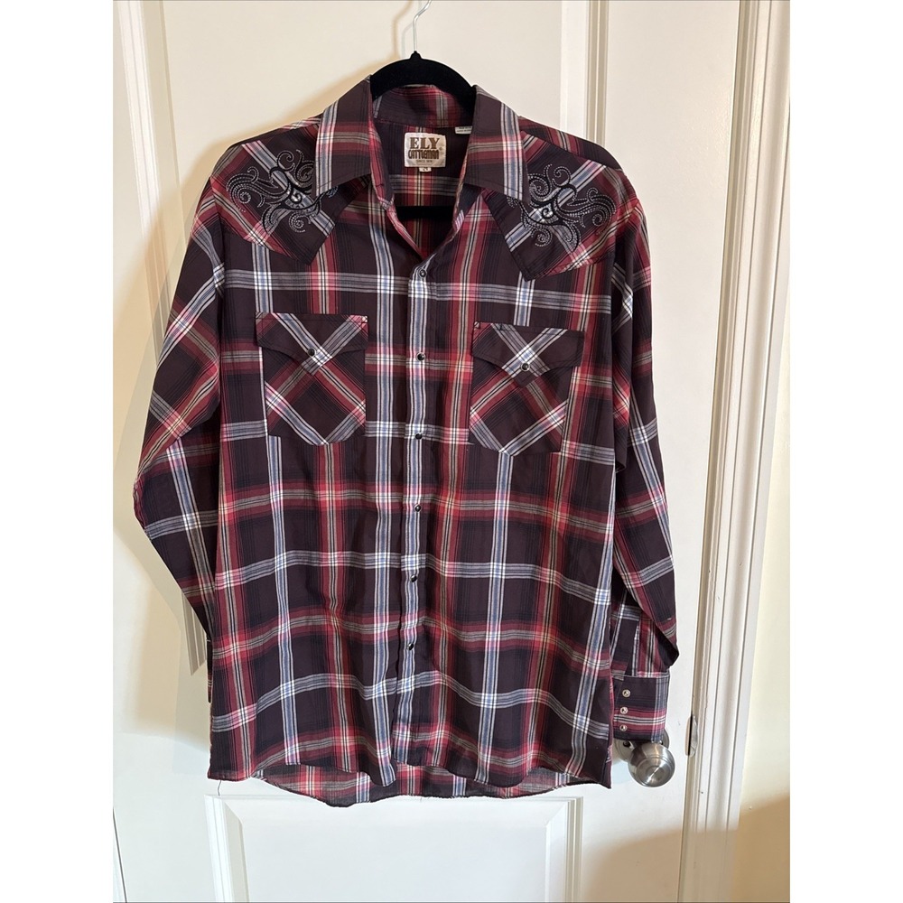 Ely Cattleman Red Plaid Pearl Snap LS Shirt Embroidered Shoulders Medium